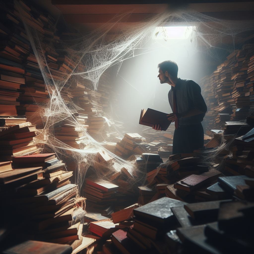 Un hombre busca entre montones de libros