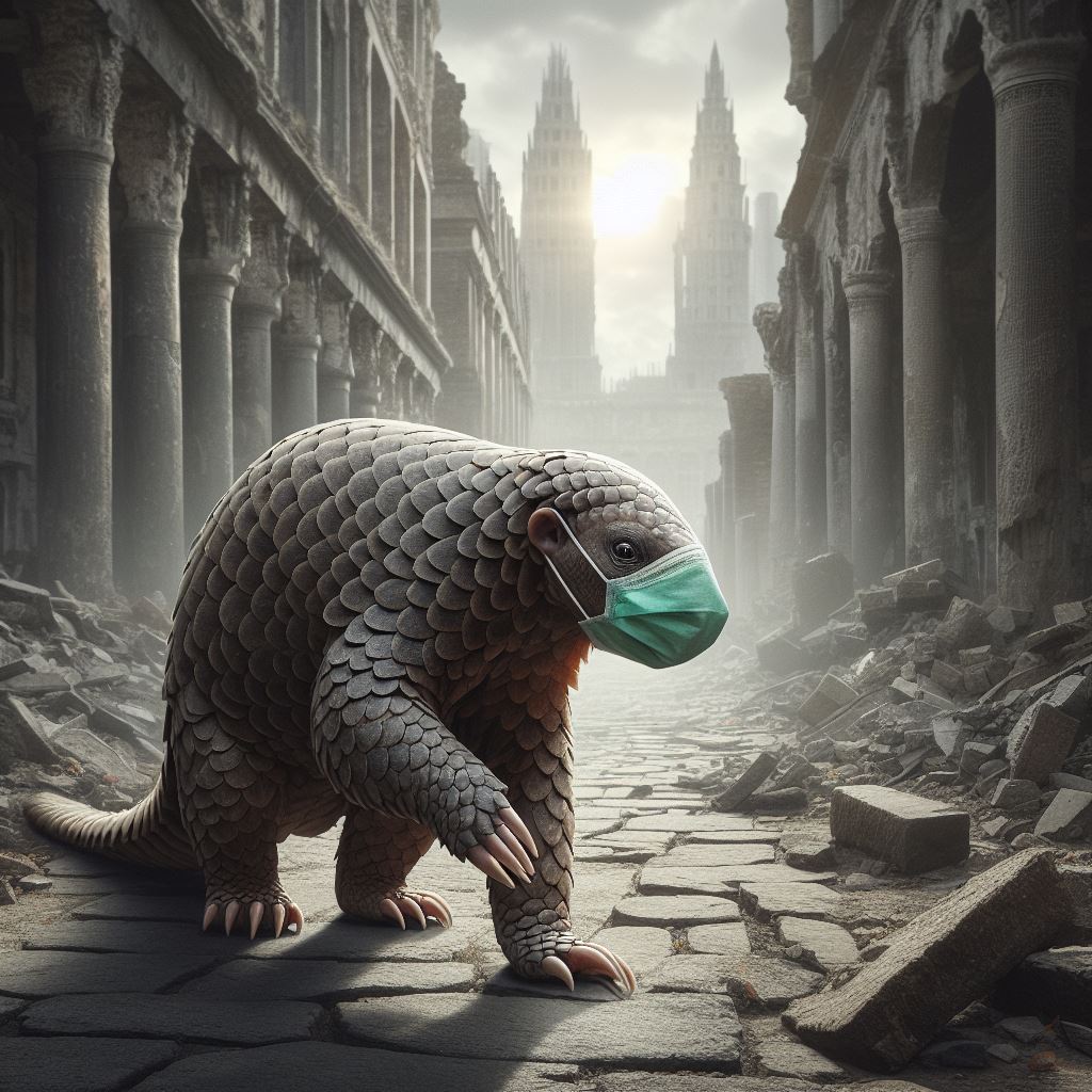 Un pangolín con mascarilla pasea entre las ruinas de una ciudad